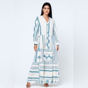 SHEIN White and Blue Bishop Sleeve Midi Sundress
